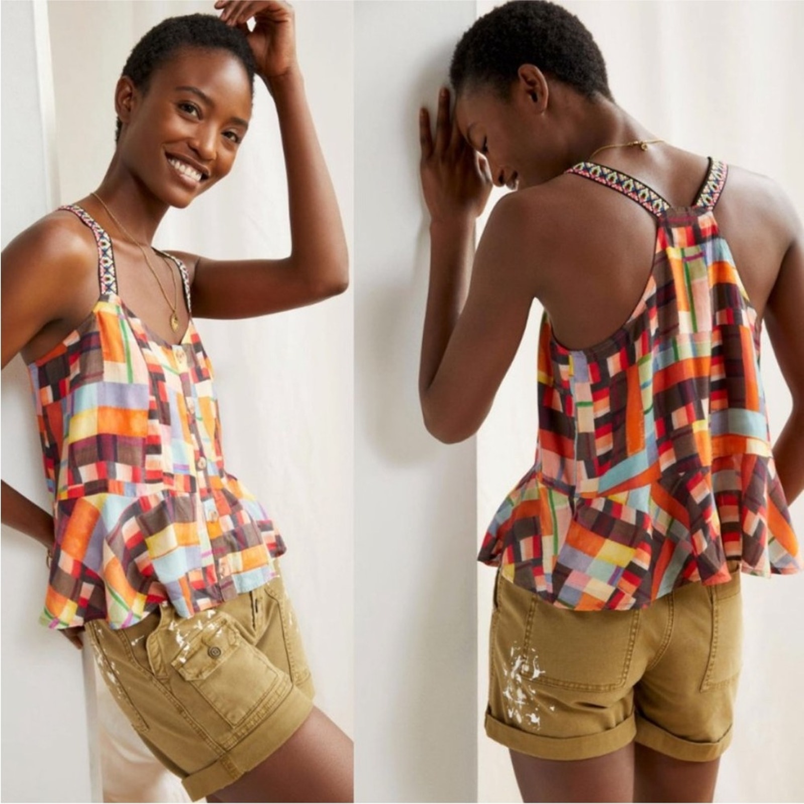 Anthropologie Pilcro Abstract Multicolor Gingham Plaid Peplum Tank S
